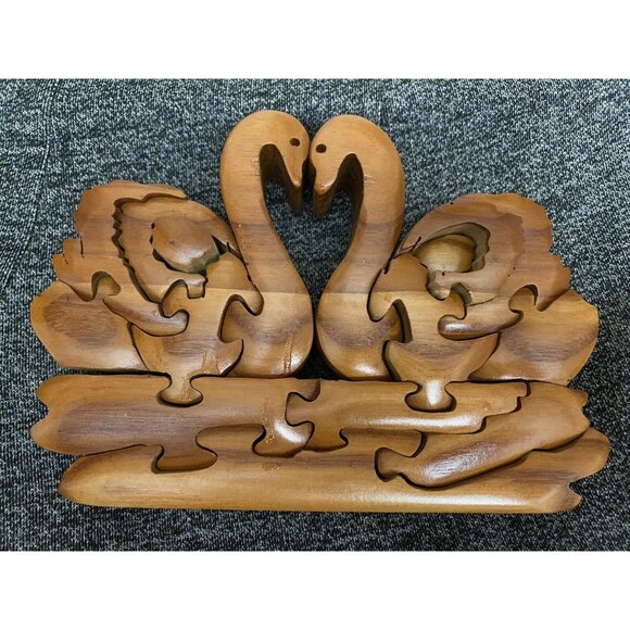 Handcrafted Intarsia Wooden Swan Puzzle Decor - 6.5" x 4.5" - Rustic Natural - Picture 1 of 3